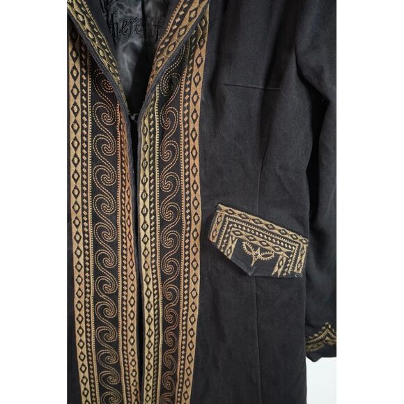 Paparazzi by Biz Black Long Denim Coat Embroidered w/ Gold Tan Intricate Design - Picture 4 of 10